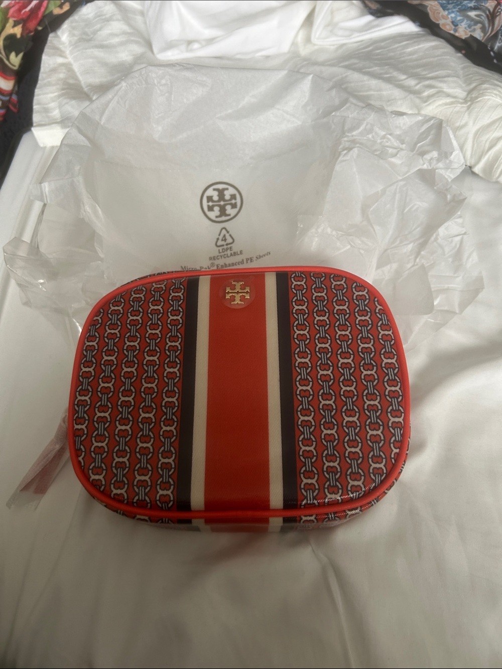 Tory Burch Red and Cream Monogram Travel Cosmetic Case